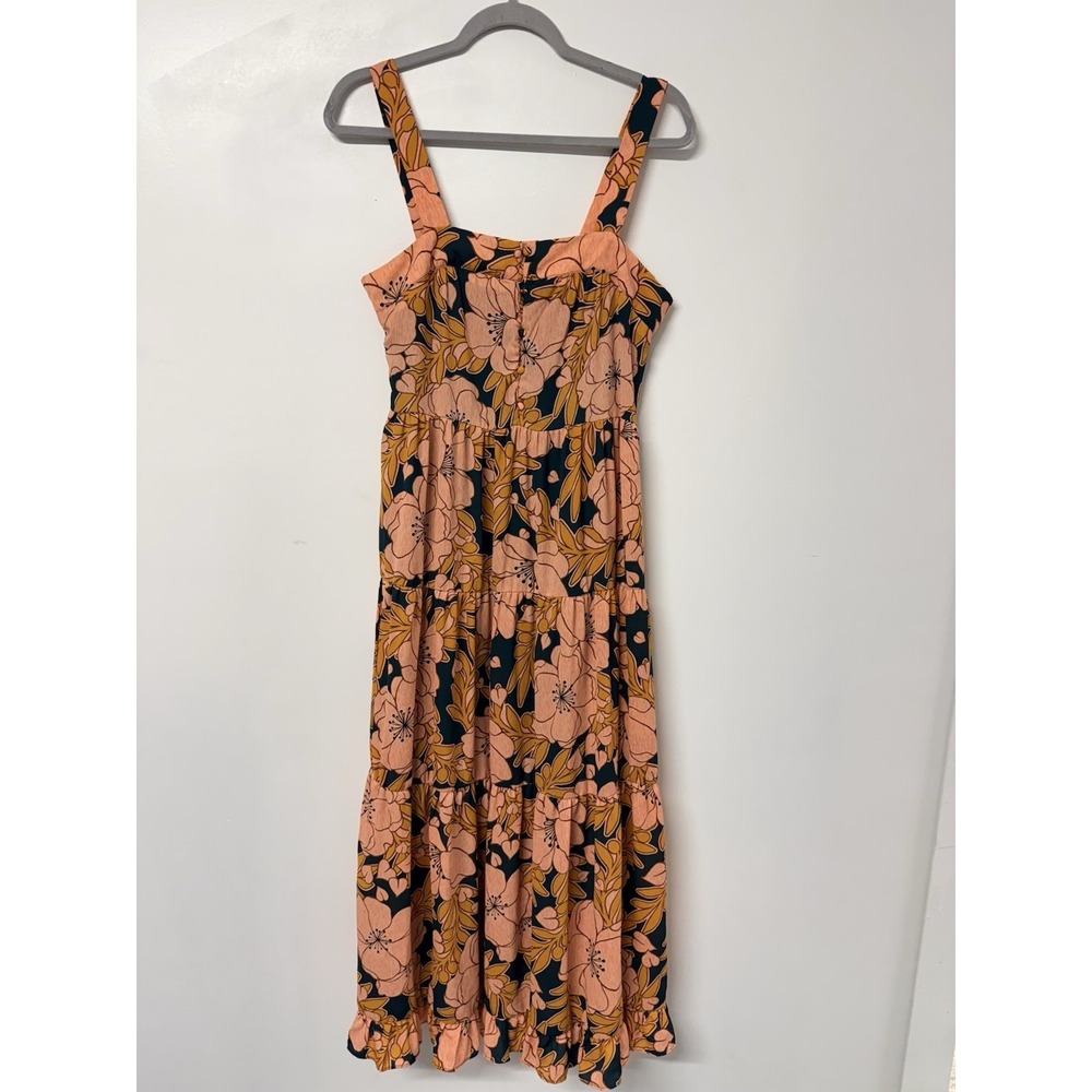 Dee Elly Boho Floral Tiered Midi Sundress Peach Teal Button‎ Front Small #62